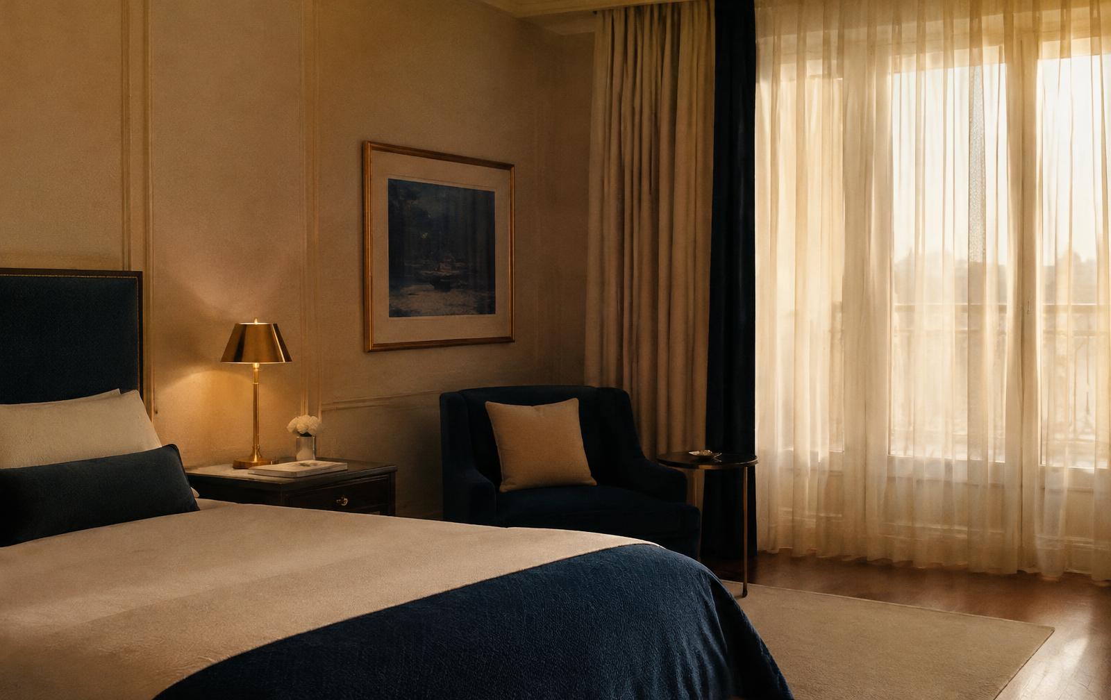 Atmospheric hotel room in warm evening light